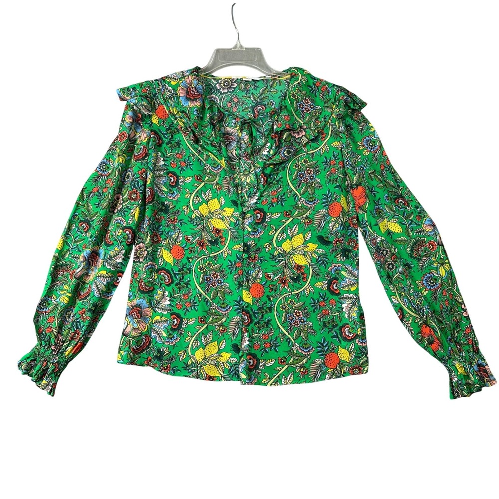 Boden Boho Green Botanical Fruit Floral Ruffle Collar Blouse Tropical US 2 UK 6